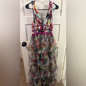 bebe Multicolor Floral Layered Tulle Dress with Magenta Accents